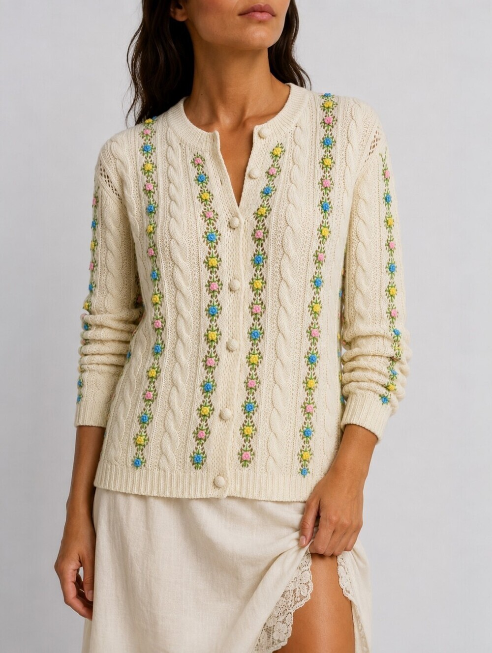 Vintage Stephen Chu Floral Embroidered Cable Knit Button Front Cardigan M